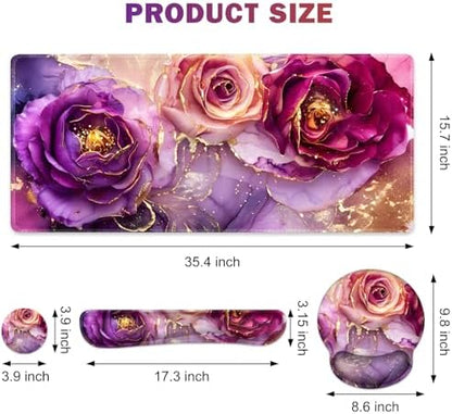 Gaming Mouse Pad Large Desk Mat, Cute Purple Marble Rose Desk Pad