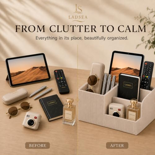 Pen Holder for Desk, 4-Compartment PU Leather Desk Organizer, Beige