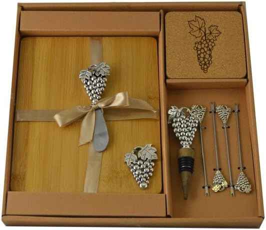 Wine and Grape Themed Cutting Board Gift Set with 4 Coasters, 4 Cheese Fork Picks, Bottle Stopper, and a Cheese Knife in Silver