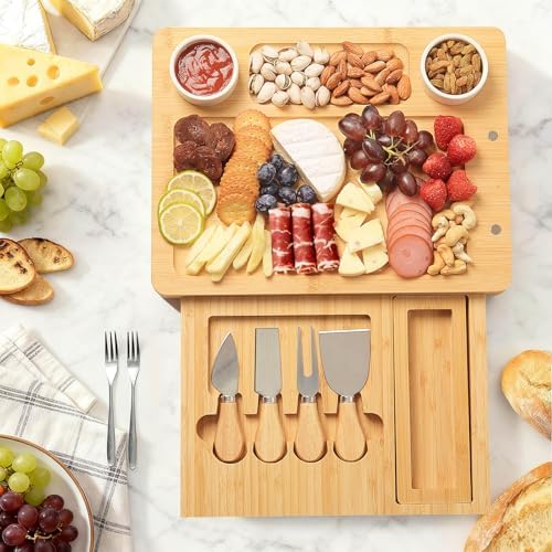 Bamboo Charcuterie Board Set with 4 Cheese Knives, Serving Platter