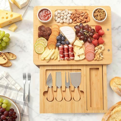 Bamboo Charcuterie Board Set with 4 Cheese Knives, Serving Platter