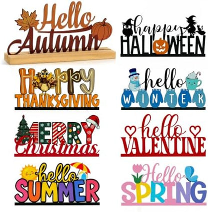 Interchangeable Seasonal Decor Metal Table Sign Set with Wooden Base