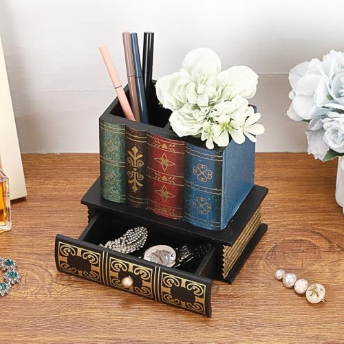 Antique Book Pencil Holder for Desk, Wooden Pen Cup with Drawer