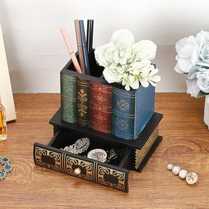 Antique Book Pencil Holder for Desk, Wooden Pen Cup with Drawer