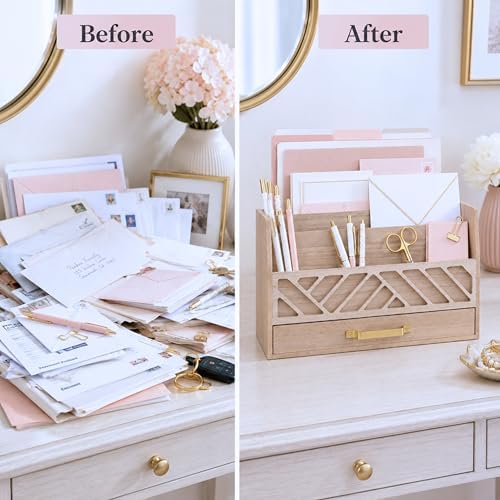 BLU MONACO | Wooden Mail Organizer with Drawer and Gold Handle
