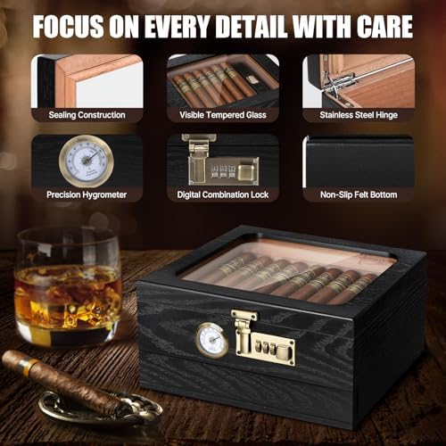 Tesonway Cigar Humidor, Cedar Wood Humidor Cigar Box, Glass Top