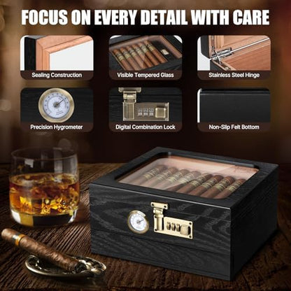 Tesonway Cigar Humidor, Cedar Wood Humidor Cigar Box, Glass Top