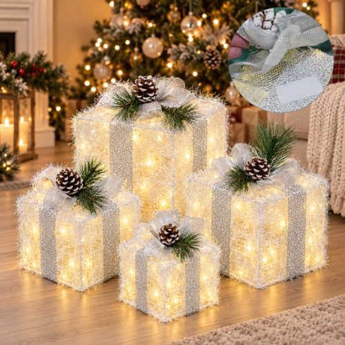 Hourleey Set of 4 Christmas Lighted Gift Boxes Warm White 70 LED
