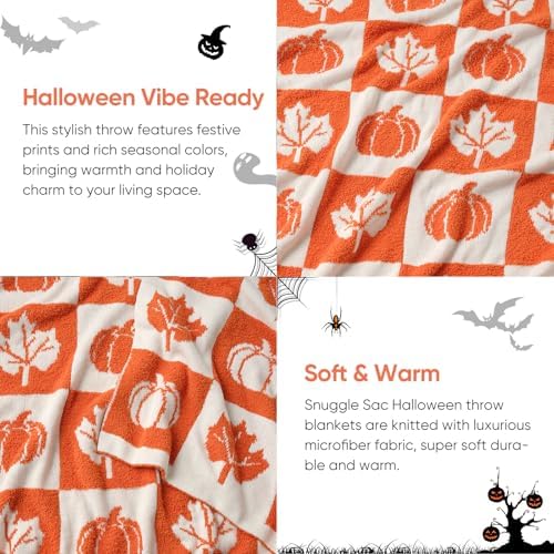 Snuggle Sac Fall Checkered Blanket Orange Pumpkin Maple Leaf Throw
