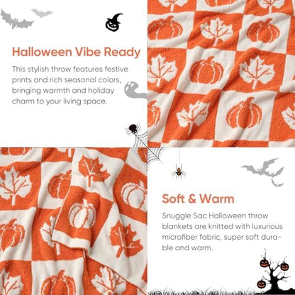 Snuggle Sac Fall Checkered Blanket Orange Pumpkin Maple Leaf Throw