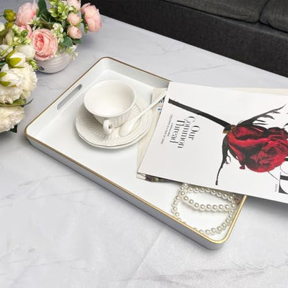 White Decorative Tray, Rectangular Serving Trays with Handles,Ottoman