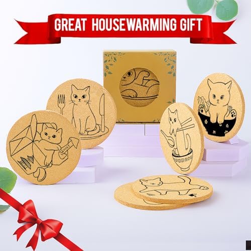 Coasters for Drinks with Holder Set of 6, Cat Cork Coaster Absorbent