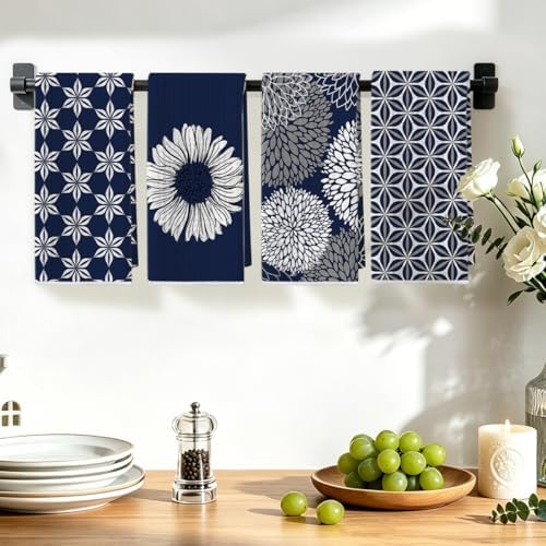 4 Pcs Blue Flower Artistic Kitchen Towels, Blue Flower Absorbent Hand