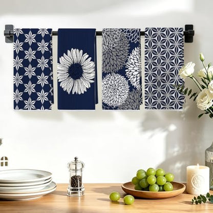 4 Pcs Blue Flower Artistic Kitchen Towels, Blue Flower Absorbent Hand