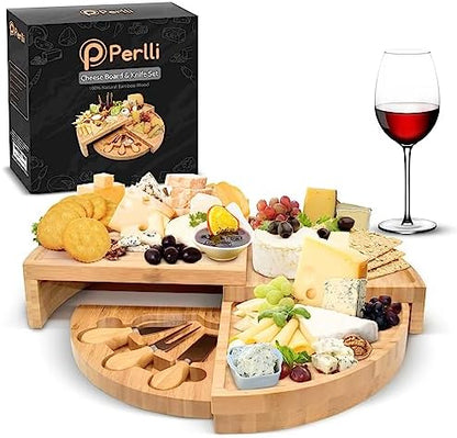 Perlli Bamboo Cheese Board & Knife Set, Large Folding 18 Inch Round