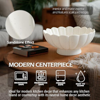 Large Fruit Bowl for Kitchen Counter-10.6" White Ceramic Fluted