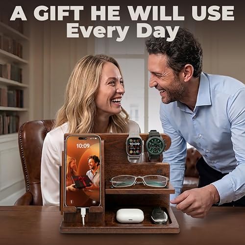 TESLYAR Wood Phone Docking Station for Men - Desktop or Nightstand