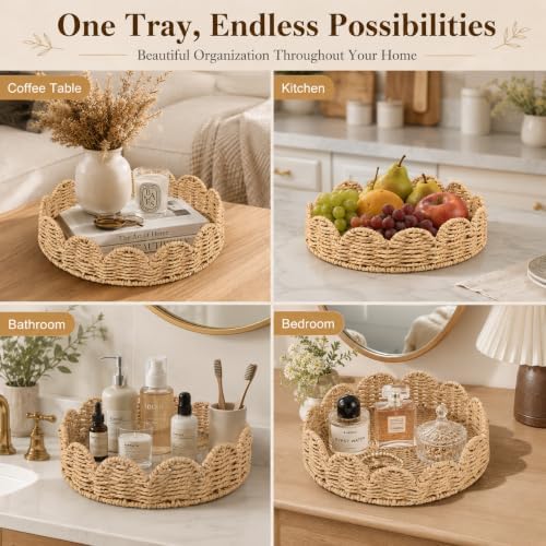 Scalloped Tray with Clear Acrylic Bottom, Round Woven Wicker Serving