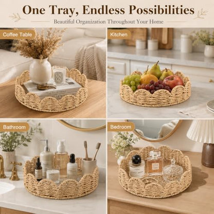 Scalloped Tray with Clear Acrylic Bottom, Round Woven Wicker Serving