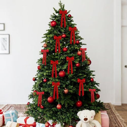 12Pcs Red Velvet Ribbon Bows Christmas Tree Decorations,5in x 10in