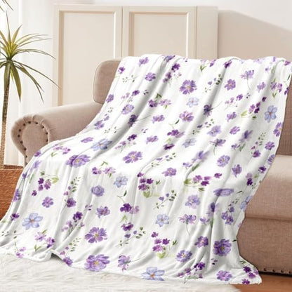 Floral Throw Blanket Purple Flowers Blanket Ultra Soft Flannel Fleece