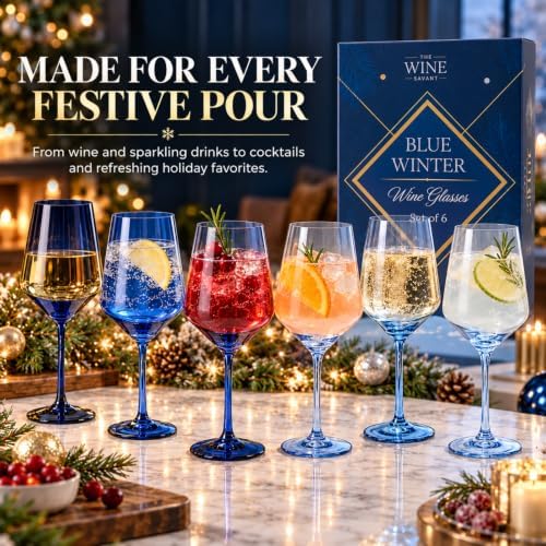Winter Blue Christmas Wine Glasses Set of 6 Colored Crystal 12oz Navy