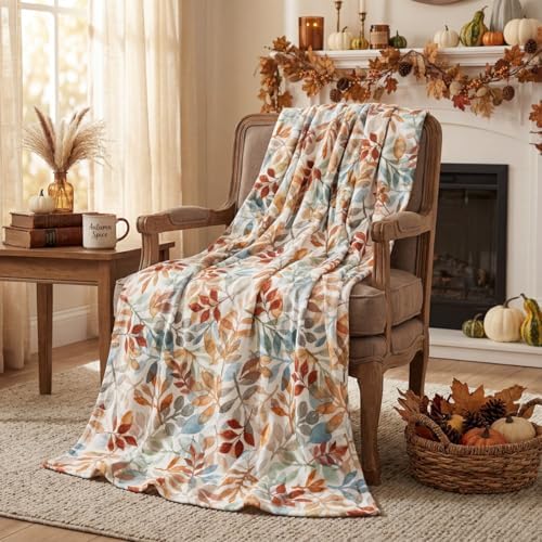 Horaldaily Fall Orange Blue Watercolor Leaves Flannel Throw Blanket