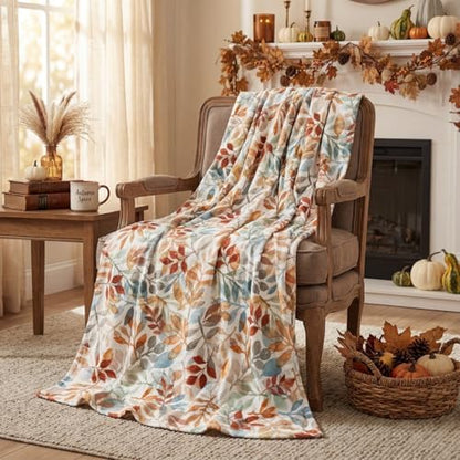 Horaldaily Fall Orange Blue Watercolor Leaves Flannel Throw Blanket