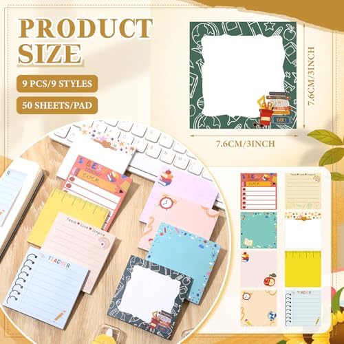 9 Pads Teacher Sticky Notes, 3x3 Inch Cute Stick Notepads