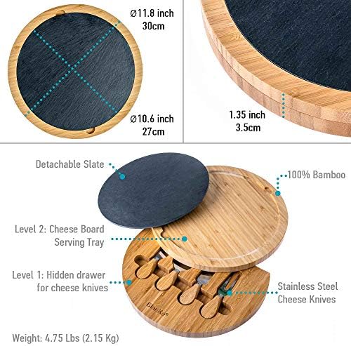 Bamboo Cheese Board with Knife Set and Slate – 12 inch Round