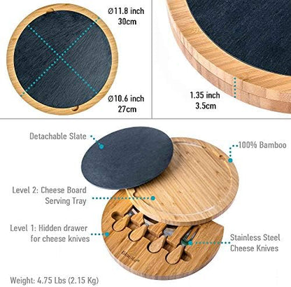 Bamboo Cheese Board with Knife Set and Slate – 12 inch Round