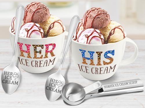 Anniversary Couple Gifts Ice Cream Bowls and Spoon Scoop Set, His And