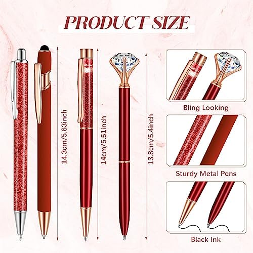 Sabary 8 Pcs Red Diamond Pens with Glitter Desk Pen Holder for Women