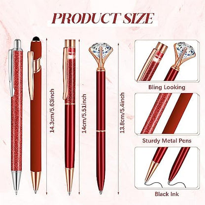 Sabary 8 Pcs Red Diamond Pens with Glitter Desk Pen Holder for Women