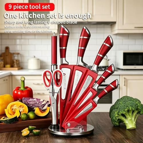 9Pcs Premium Red Kitchen Knife Set with Block,Cutlery Set for Women