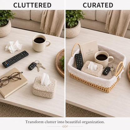 Handwoven Rattan Basket Tray with Handles & Washable Liner