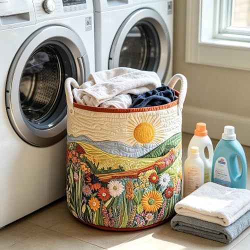 Quilted Sun Mountain Wildflower Round Fabric Storage Bin(22×16in)