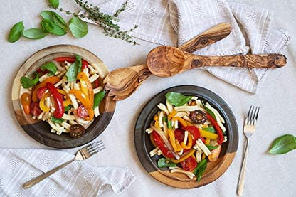 Olive Wood Salad Server Set - 12 Inch Wooden Tongs - Rustic French