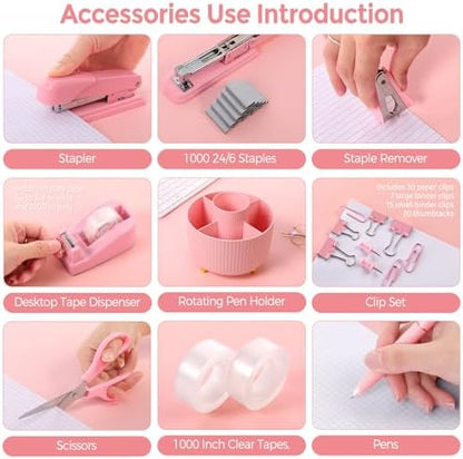SKYDUE Pink Desk Accessories 11Pcs with Rotating Pen Holder for Desk
