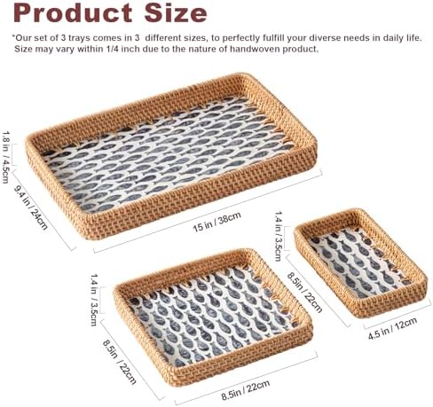 Set of 3 Rattan Serving Trays with Mother of Pearl, Terrekraft