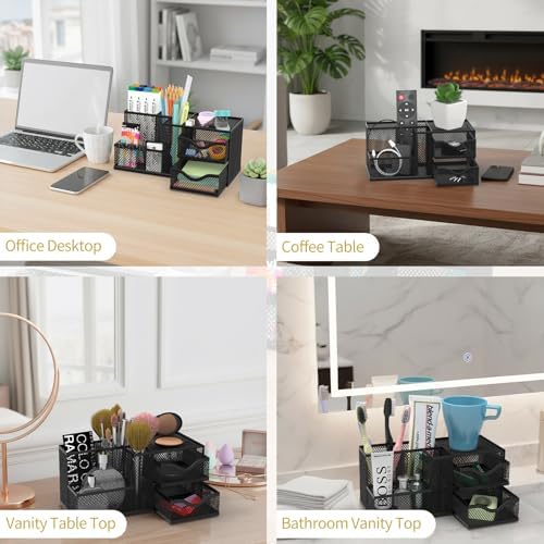 Mesh Desk Organizer with 2 Drawers and 5 Compartments, Pen Holder for