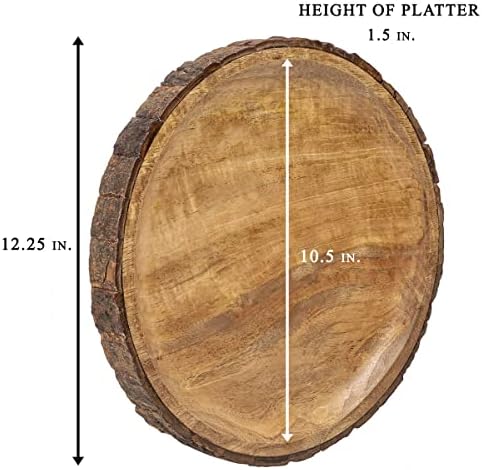 GoCraft Round Wooden Serving Platter with Tree Bark on Edges | Mango