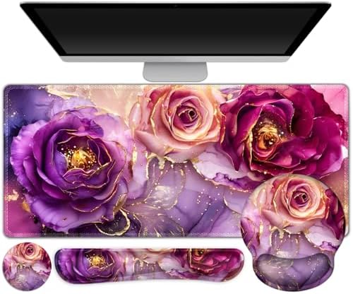 Gaming Mouse Pad Large Desk Mat, Cute Purple Marble Rose Desk Pad