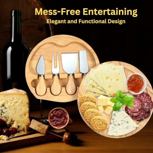 8" Round Wood Cheese Board Set with 4 Stainless Steel Knives & Hidden
