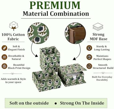 Ridhi Basil Green Block Print Desk Organizer Pen & Notepad Holder