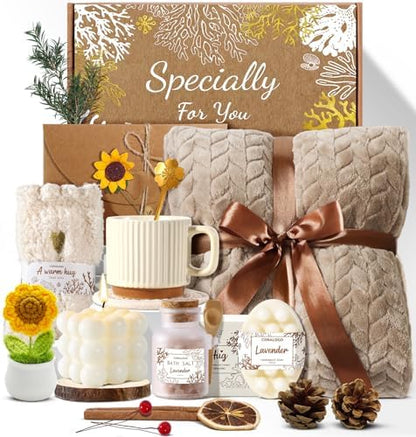 11pcs Spa Gift Baskets for Women, Sunflower Self Care Set, Brown