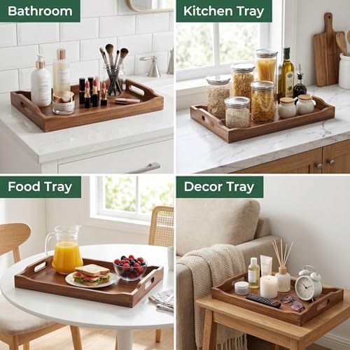 Acacia Wood Serving Tray Set of 2 with Handles for Ottoman Coffee