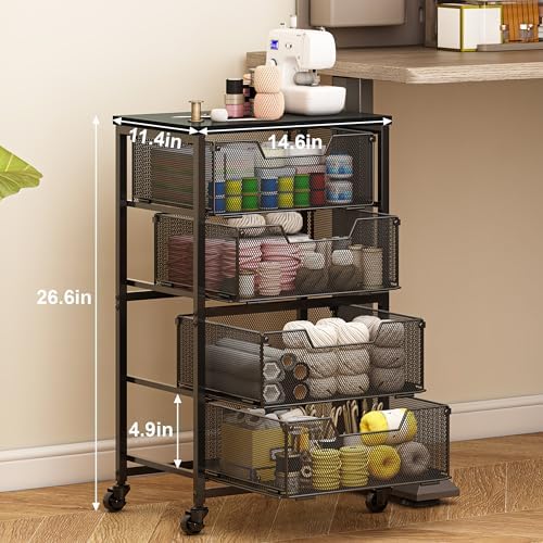 Rolling Cart with Drawers, 4-Drawer Storage Cart on Wheels with Wooden