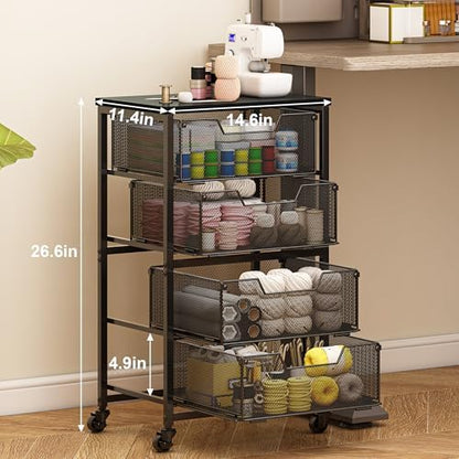 Rolling Cart with Drawers, 4-Drawer Storage Cart on Wheels with Wooden
