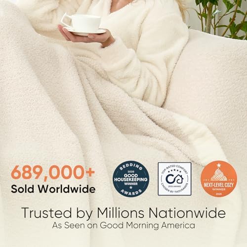 Snuggle Sac Buttery Ivory Throw Blanket for Couch, Reversible Super